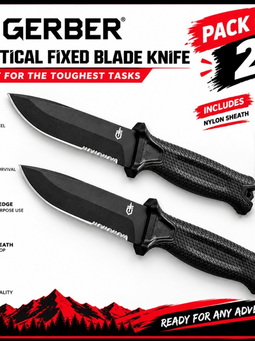 Pack 2  Gerber StrongArm Fixed Blade Knife Black Serrated Edge Full Tang Sheath
